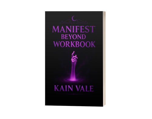 Book cover of 'Manifest Beyond  Shadows Workbook' by Kain Vale with a purple hand on a black background